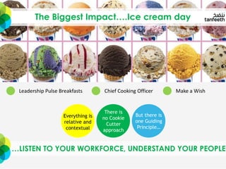 The Biggest Impact….Ice cream day
Leadership Pulse Breakfasts Chief Cooking Officer Make a Wish
Everything is
relative and
contextual
There is
no Cookie
Cutter
approach
But there is
one Guiding
Principle…
…LISTEN TO YOUR WORKFORCE, UNDERSTAND YOUR PEOPLE
 