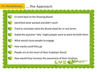 …..The ApproachLV= Revolutionary
LV went back to the Drawing Board
Identified what worked and didn’t work
Tried to articulate what the Brand stood for in real terms
Asked the question ‘why’ might people want to work for/with them
What would cause people to engage
How wacky could they go
People are at the heart of their Employer Brand
How would they increase the awareness of their locations
 