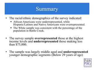 Summary 
• The racial/ethnic demographics of the survey indicated: 
 African Americans were underrepresented, while 
Hispanic/Latinos and Native Americans were overrepresented. 
 The White sample was consistent with the percentage of the 
population in Battle Creek. 
• The survey sample overrepresented those at the highest 
income levels and underrepresented those making less 
than $75,000. 
• The sample was largely middle aged and underrepresented 
younger demographic segments (Below 29 years of age) 
 