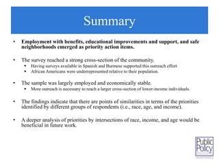 Summary 
• Employment with benefits, educational improvements and support, and safe 
neighborhoods emerged as priority action items. 
• The survey reached a strong cross-section of the community. 
 Having surveys available in Spanish and Burmese supported this outreach effort 
 African Americans were underrepresented relative to their population. 
• The sample was largely employed and economically stable. 
 More outreach is necessary to reach a larger cross-section of lower-income individuals. 
• The findings indicate that there are points of similarities in terms of the priorities 
identified by different groups of respondents (i.e., race, age, and income). 
• A deeper analysis of priorities by intersections of race, income, and age would be 
beneficial in future work. 
 