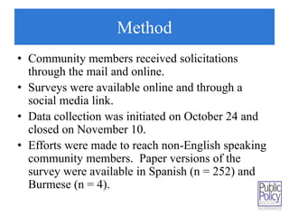 Method 
• Community members received solicitations 
through the mail and online. 
• Surveys were available online and through a 
social media link. 
• Data collection was initiated on October 24 and 
closed on November 10. 
• Efforts were made to reach non-English speaking 
community members. Paper versions of the 
survey were available in Spanish (n = 252) and 
Burmese (n = 4). 
 