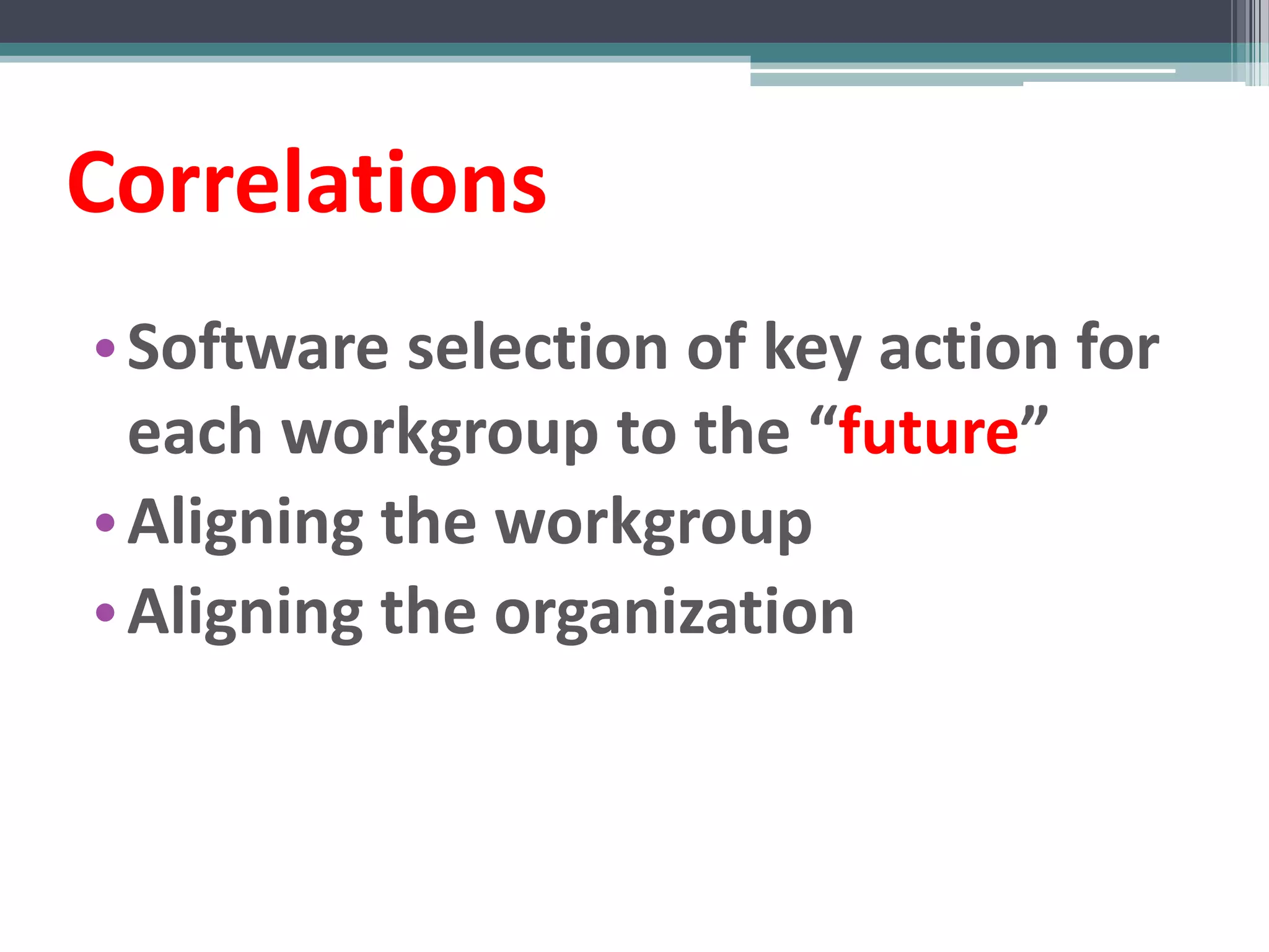 Correlations
• Software selection of key action for
  each workgroup to the “future”
• Aligning the workgroup
• Aligning the organization
 