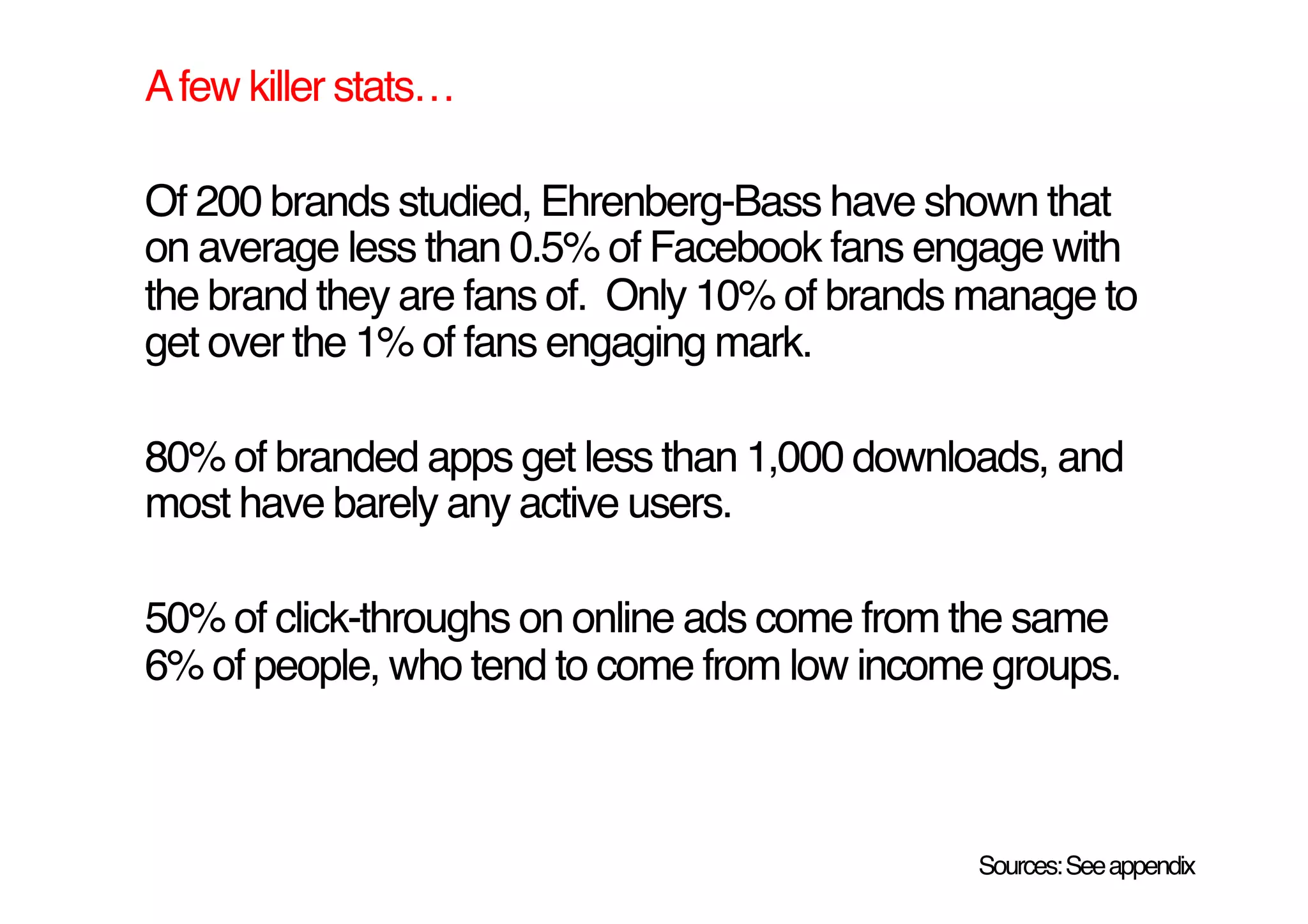 A few killer stats…!

Of 200 brands studied, Ehrenberg-Bass have shown that
on average less than 0.5% of Facebook fans engage with
the brand they are fans of. Only 10% of brands manage to
get over the 1% of fans engaging mark.!

80% of branded apps get less than 1,000 downloads, and
most have barely any active users.!

50% of click-throughs on online ads come from the same
6% of people, who tend to come from low income groups.!



                                              Sources: See appendix!
 