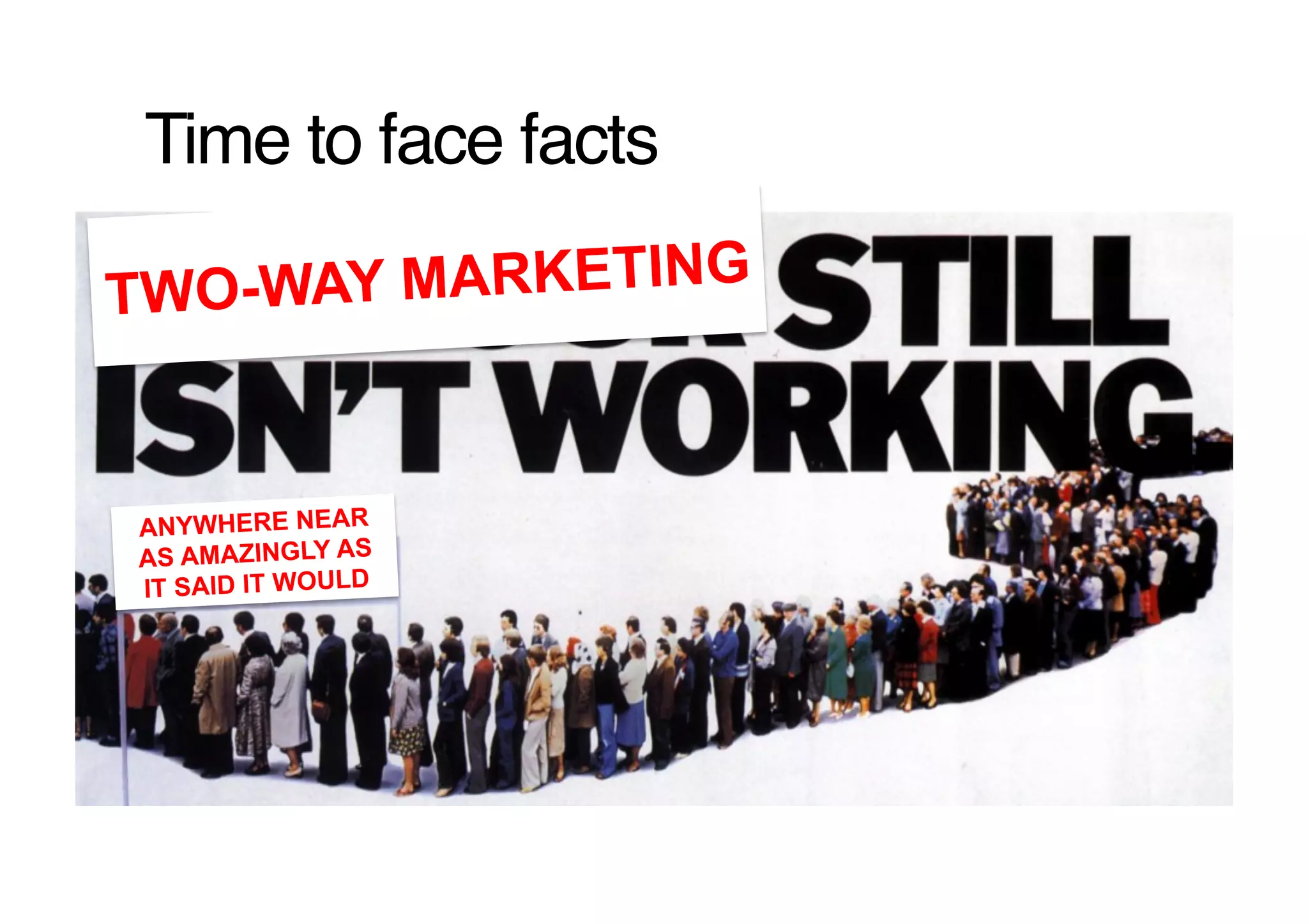Time to face facts!

TWO-WAY MARKETING



ANYWHERE NEAR
AS AMAZINGLY AS
IT SAID IT WOULD
 