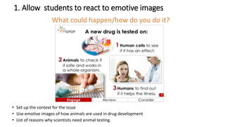 1. Allow students to react to emotive images
What could happen/how do you do it?
• Set up the context for the issue
• Use emotive images of how animals are used in drug development
• List of reasons why scientists need animal testing.
 