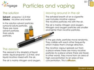 Student sheets
SS1
Particles and vaping
Moving around in the air
The aerosol
Solvent: propane-1,2,3-triol
Solutes: nicotin...