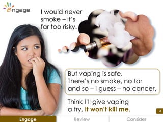 2
I would never
smoke – it’s
far too risky.
Think I’ll give vaping
a try. It won’t kill me.
But vaping is safe.
There’s no smoke, no tar
and so – I guess – no cancer.
Review ConsiderEngage
 