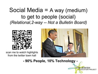 Social Media = A way (medium)
to get to people (social)
(Relational,2-way -- Not a Bulletin Board)
- 90% People, 10% Technology -
scan me to watch highlights
from the twitter town hall
 