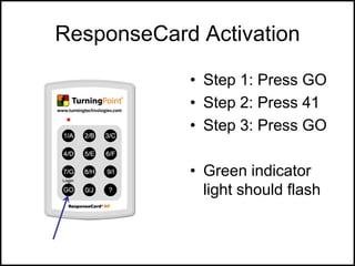ResponseCard Activation

            • Step 1: Press GO
            • Step 2: Press 41
            • Step 3: Press GO

   ...