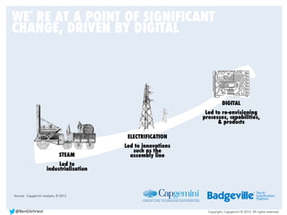 Copyright, Capgemini © 2013. All rights reserved.
WE’RE AT A POINT OF SIGNIFICANT
CHANGE, DRIVEN BY DIGITAL
STEAM
Led to
industrialisation
ELECTRIFICATION
Led to innovations
such as the
assembly line
DIGITAL
Led to re-envisioning
processes, capabilities,
& products
Source: Capgemini analysis, © 2013
@BenGilchriest	
  
 