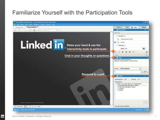1©2013 LinkedIn Corporation. All Rights Reserved.
Familiarize Yourself with the Participation Tools
Respond to a poll
Chat in your thoughts or questions
Raise your hand & use the
interactivity tools to participate
 