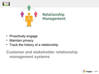• Proactively engage
• Maintain privacy
• Track the history of a relationship
Customer and stakeholder relationship
management systems
 
