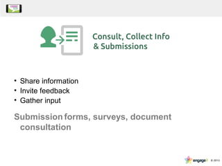 • Share information
• Invite feedback
• Gather input
Submission forms, surveys, document
consultation
 