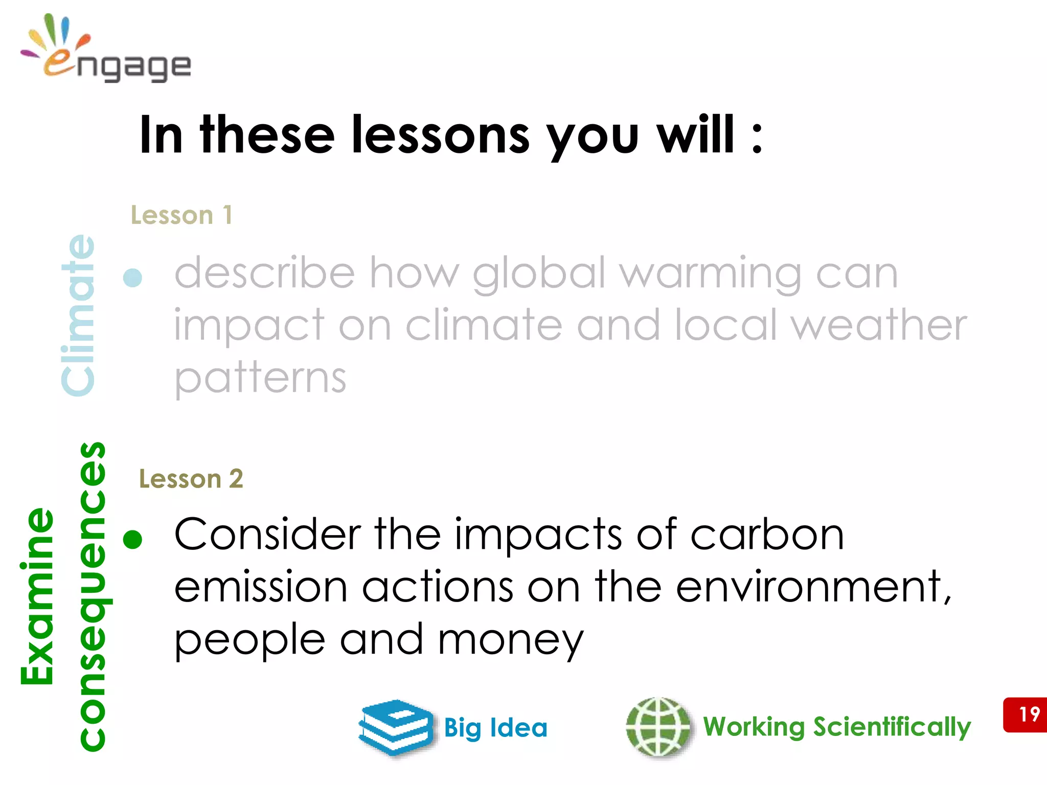 19
 describe how global warming can
impact on climate and local weather
patterns
 Consider the impacts of carbon
emission actions on the environment,
people and money
Working ScientificallyBig Idea
Climate
Lesson 1
Examine
consequences
Lesson 2
In these lessons you will :
 