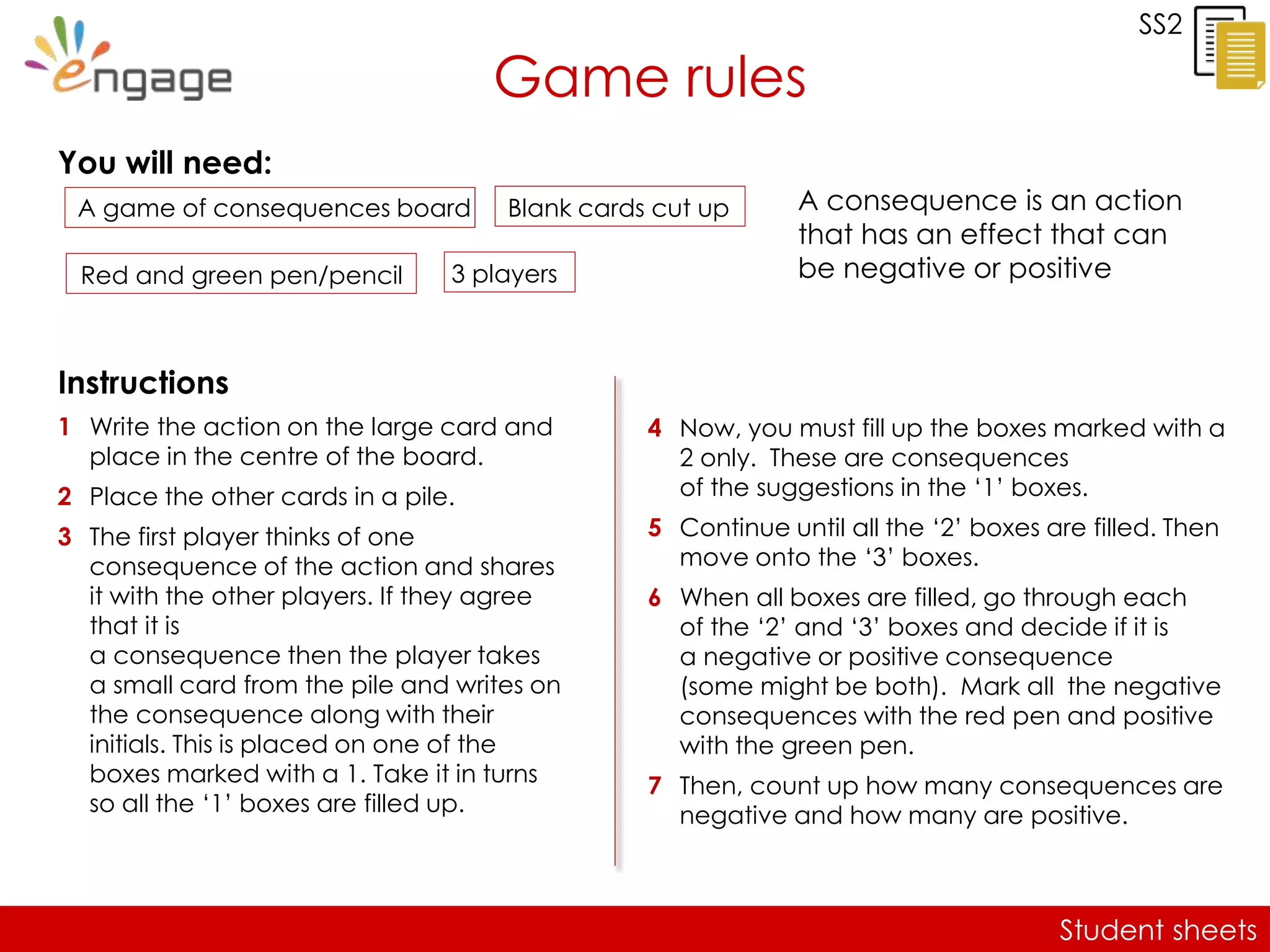 Student sheets
SS2
Game rules
4 Now, you must fill up the boxes marked with a
2 only. These are consequences
of the suggestions in the ‘1’ boxes.
5 Continue until all the ‘2’ boxes are filled. Then
move onto the ‘3’ boxes.
6 When all boxes are filled, go through each
of the ‘2’ and ‘3’ boxes and decide if it is
a negative or positive consequence
(some might be both). Mark all the negative
consequences with the red pen and positive
with the green pen.
7 Then, count up how many consequences are
negative and how many are positive.
A consequence is an action
that has an effect that can
be negative or positive
You will need:
Instructions
1 Write the action on the large card and
place in the centre of the board.
2 Place the other cards in a pile.
3 The first player thinks of one
consequence of the action and shares
it with the other players. If they agree
that it is
a consequence then the player takes
a small card from the pile and writes on
the consequence along with their
initials. This is placed on one of the
boxes marked with a 1. Take it in turns
so all the ‘1’ boxes are filled up.
Red and green pen/pencil 3 players
A game of consequences board Blank cards cut up
 