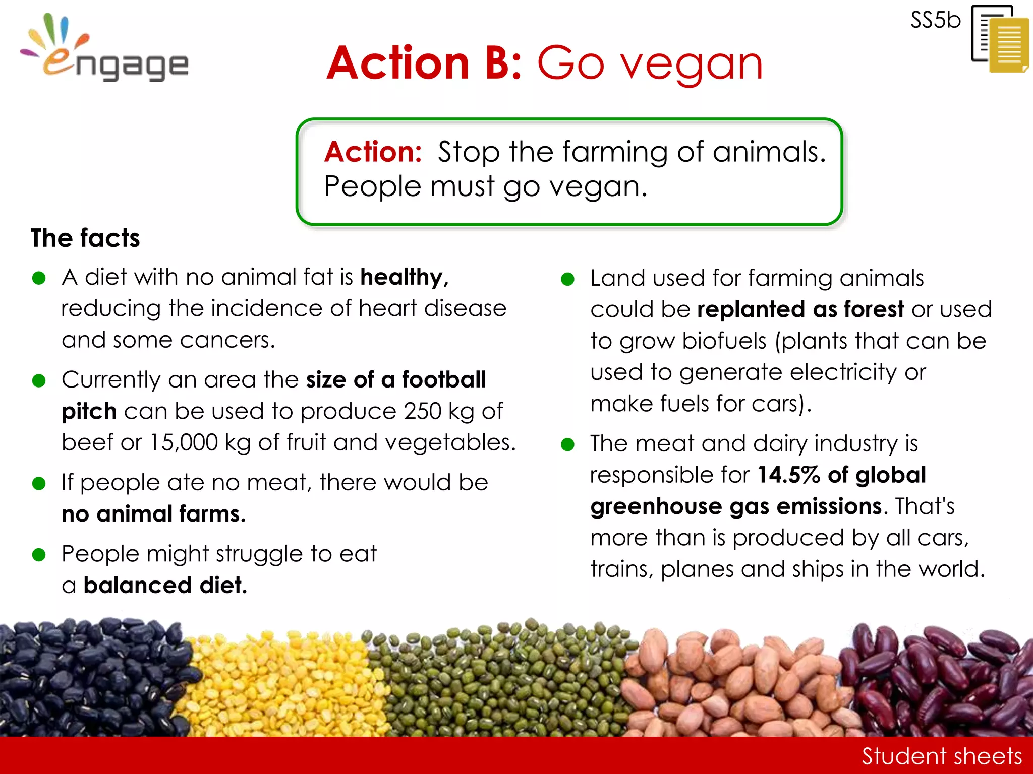 Student sheets
SS5b
Action B: Go vegan
The facts
 A diet with no animal fat is healthy,
reducing the incidence of heart disease
and some cancers.
 Currently an area the size of a football
pitch can be used to produce 250 kg of
beef or 15,000 kg of fruit and vegetables.
 If people ate no meat, there would be
no animal farms.
 People might struggle to eat
a balanced diet.
Action: Stop the farming of animals.
People must go vegan.
 Land used for farming animals
could be replanted as forest or used
to grow biofuels (plants that can be
used to generate electricity or
make fuels for cars).
 The meat and dairy industry is
responsible for 14.5% of global
greenhouse gas emissions. That's
more than is produced by all cars,
trains, planes and ships in the world.
 