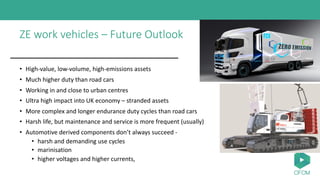 ZE work vehicles – Future Outlook
• High-value, low-volume, high-emissions assets
• Much higher duty than road cars
• Working in and close to urban centres
• Ultra high impact into UK economy – stranded assets
• More complex and longer endurance duty cycles than road cars
• Harsh life, but maintenance and service is more frequent (usually)
• Automotive derived components don’t always succeed -
• harsh and demanding use cycles
• marinisation
• higher voltages and higher currents,
 