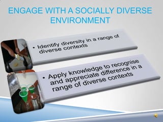 ENGAGE WITH A SOCIALLY DIVERSE
        ENVIRONMENT
 