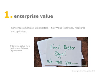 1. enterprise value
Consensus among all stakeholders – how Value is defined, measured
and optimized.

Enterprise Value for a
Healthcare Delivery
Organization

© copyright clinicalMessage Inc. 2013

 