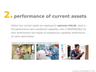 2. performance of current assets
Define how current assets are deployed to optimize VALUE, what is
the performance each constituent capability, who is RESPONSIBLE for
their performance and impact of suboptimum capability performance

on value optimization
People are the assets of a Healthcare Organization

© copyright clinicalMessage Inc. 2013

 