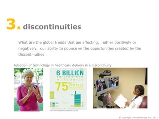 3. discontinuities
What are the global trends that are affecting,

either positively or

negatively, our ability to pounce on the opportunities created by the
Discontinuities
Adoption of technology in healthcare delivery is a discontinuity

© copyright clinicalMessage Inc. 2013

 