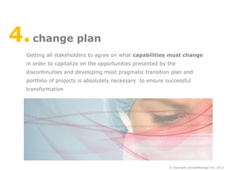 4. change plan
Getting all stakeholders to agree on what capabilities must change
in order to capitalize on the opportunities presented by the
discontinuities and developing most pragmatic transition plan and
portfolio of projects is absolutely necessary to ensure successful
transformation

© copyright clinicalMessage Inc. 2013

 