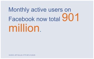 Monthly active users on
Facebook now total                          901
million.

SOURCE: JEFF BULLAS, HTTP://BIT.LY/LSSJ5N
 