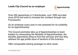 Leeds City Council as an employer

Over 200 apprentices in 5 directorates, over 1000 recruited
since 2010 and want to increase the numbers through new
Frameworks
As an employer every post is now assessed for its suitability
for an Apprenticeship
The Council promotes take up of Apprenticeships to team
leaders by showcasing the flexibility of Apprenticeships, the
benefits apprentices bring to front line services and how they
address the age profile issue of sections of the business
Offer comparable starting packages to other areas
11 |Event Management Training

 