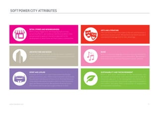 SOFT POWER CITY ATTRIBUTES 
RETAIL STORES AND NEIGHBOURHOOD 
With so many megastores and shopping malls in cities 
across Asia Pacific, we turned our attention to which cities 
are perceived to apply an innovative approach to the 
development of retail stores and their place in communities. 
ARTS AND LITERATURE 
The contribution that cities make to the arts and literature is 
both historical and current. We wanted to see which ones were 
considered to leverage both to their advantage. 
MUSIC 
Music is a universal language, but some cities are believed to 
have a more prevalent music scene than others. We wanted to 
know which music scene had the greatest impact, and why. 
SUSTAINABILITY AND THE ENVIRONMENT 
Much is said about commitment to the environment, but 
we wanted to know which cities were perceived to take an 
innovative approach to the development and delivery of a 
sustainability plan that captured the imagination of residents 
and visitors and gave them a perception of progressive 
environmental stewardship. 
ARCHITECTURE AND DESIGN 
As part of our assessment of the perceived modernity of 
cities, we looked at the role of contemporary architecture and 
design in influencing that perception. 
SPORT AND LEISURE 
A number of cities in our report have hosted the Olympic 
Games in previous years. Others have invested in more locally 
focused sport and leisure infrastructure. And then there are 
cities whose natural environment caters for less structured 
sport and leisure activities. We explored infrastructure in 
this context and the perception generated as a result. 
webershandwick.asia 17 
 