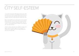 CITY SELF-ESTEEM 
City residents have widely differing perceptions about their 
own cities and the others surveyed. We saw some cities that 
rated themselves particularly well, whilst others were more 
pragmatic about their views of the place in which they lived. 
We also saw big differences in the opinions of non-residents 
about a particular city. That meant the correlation between 
residents and non-residents ratings was limited, hence the 
interest in measuring the disparity between the two against 
each soft power attribute. 
Overall, residents rated their own city 18 percentage points 
higher than non-residents. Against these same metrics, 
Sydney has the highest level of self-esteem (26%) whilst 
Seoul has the lowest (5%). 
webershandwick.asia 64 
 