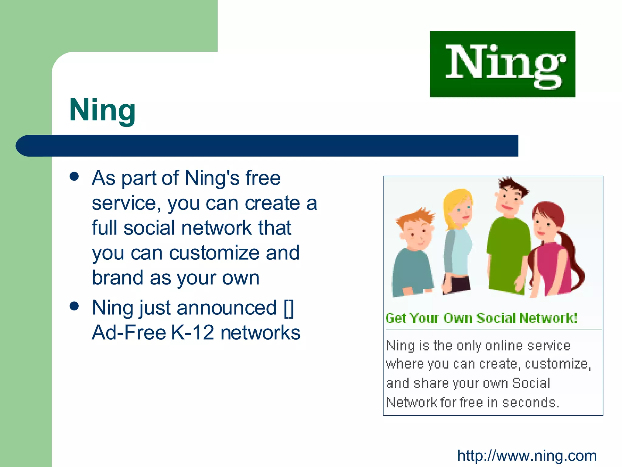 Ning As part of Ning's free service, you can create a full social network that you can customize and brand as your own  Ning just announced [] Ad-Free K-12 networks http://www.ning.com 
