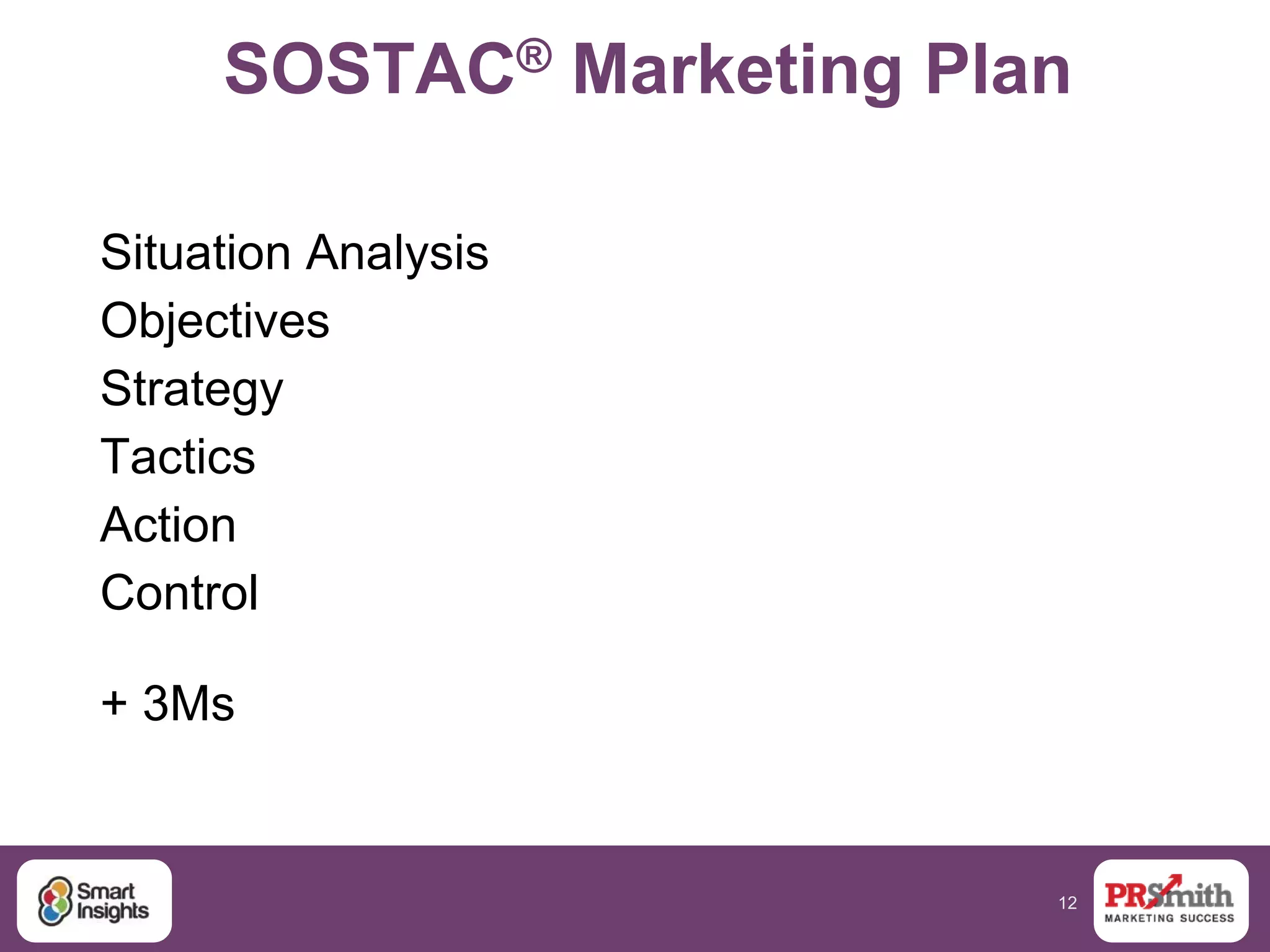 12
SOSTAC® Marketing Plan
Situation Analysis
Objectives
Strategy
Tactics
Action
Control
+ 3Ms
 