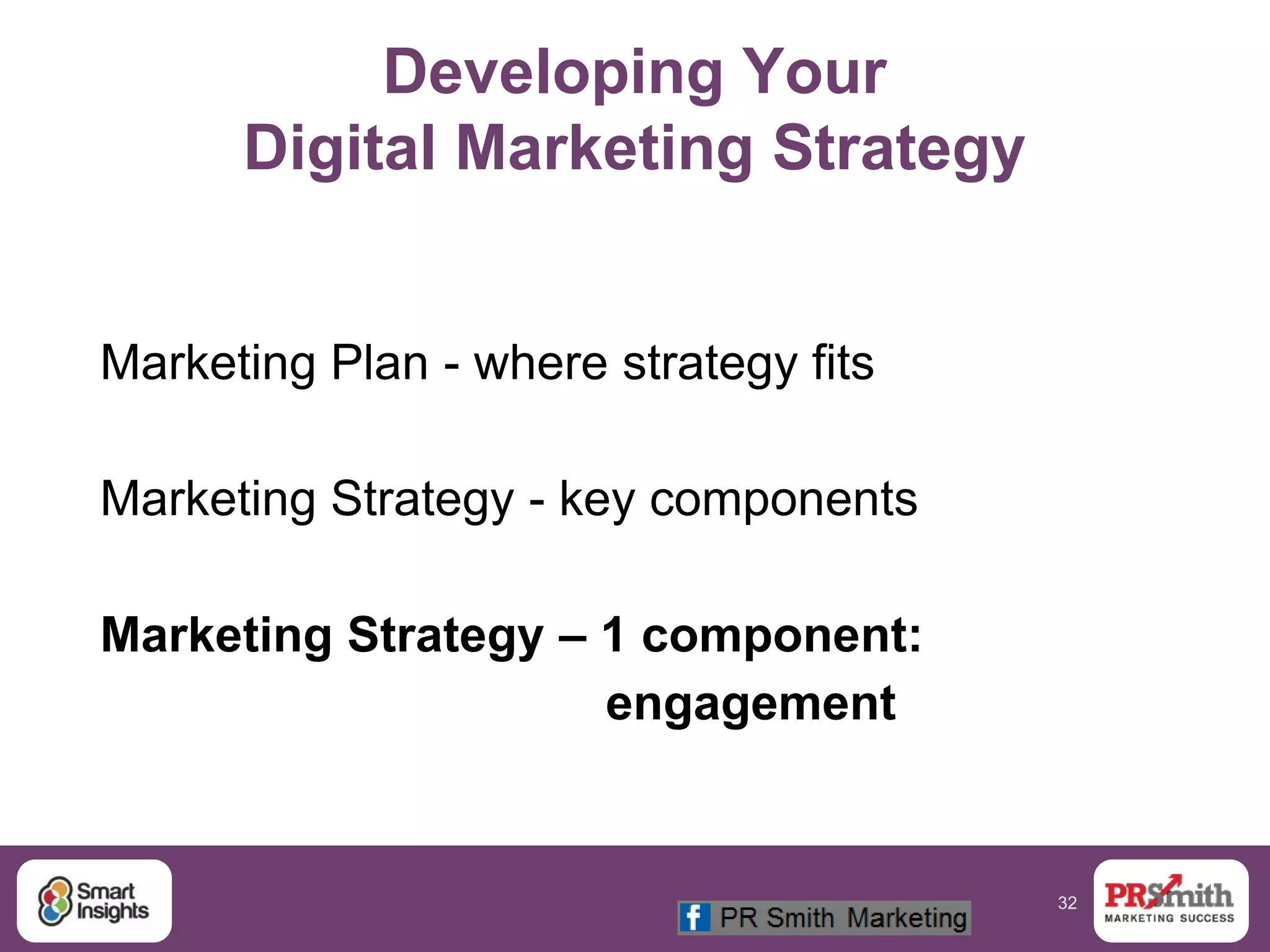 32
Developing Your
Digital Marketing Strategy
Marketing Plan - where strategy fits
Marketing Strategy - key components
Marketing Strategy – 1 component:
engagement
 