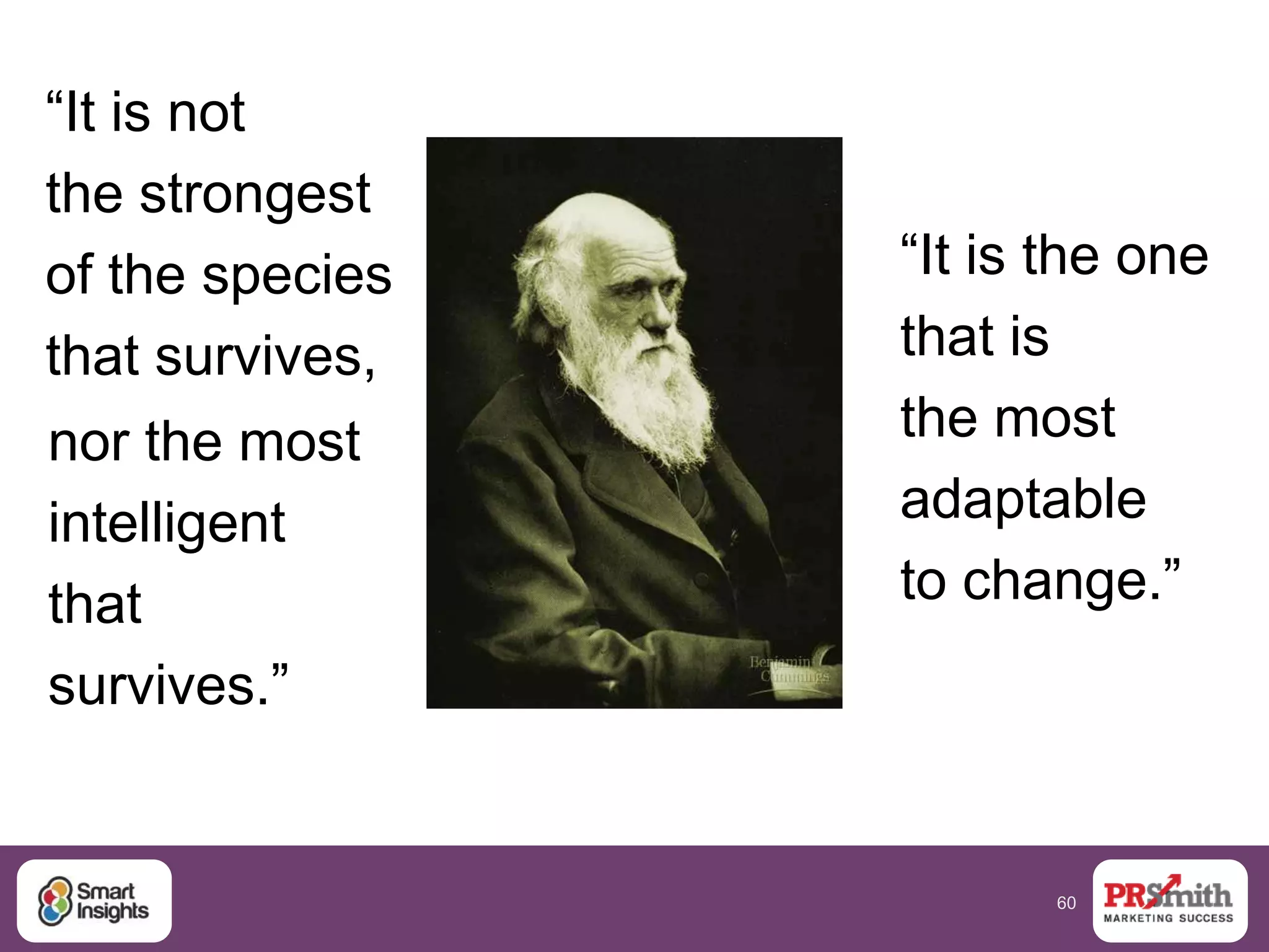 60
“It is the one
that is
the most
adaptable
to change.”
“It is not
the strongest
of the species
that survives,
nor the most
intelligent
that
survives.”
 