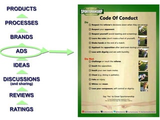 PRODUCTS
PROCESSES
BRANDS
ADS
IDEAS
DISCUSSIONS
(and sharing)
REVIEWS
RATINGS
 