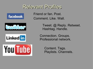Relevant Profiles Friend or fan. Post.  Comment. Like. Wall.   Tweet. @ Reply. Retweet.  Hashtag. Handle. Connection. Groups.  Professional network.  Content. Tags.  Playlists. Channels. 
