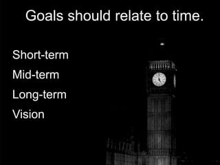 Goals should relate to time.

Short-term
Mid-term
Long-term
Vision
 