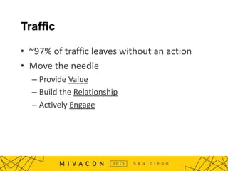 Traffic
• ~97% of traffic leaves without an action
• Move the needle
– Provide Value
– Build the Relationship
– Actively Engage
 