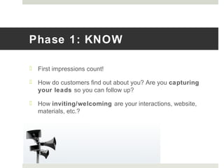 Phase 1: KNOW
 First impressions count!
 How do customers find out about you? Are you capturing
your leads so you can follow up?
 How inviting/welcoming are your interactions, website,
materials, etc.?
 