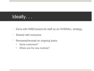 Ideally. . .
 Done with WIB/CareerLink staff as an OVERALL strategy.
 Shared with everyone.
 Reviewed/revised on ongoing basis:
 Same customers?
 Where are the new markets?
 