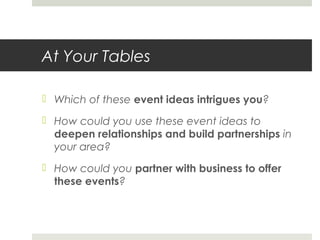 At Your Tables
 Which of these event ideas intrigues you?
 How could you use these event ideas to
deepen relationships and build partnerships in
your area?
 How could you partner with business to offer
these events?
 