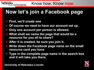 Now let’s join a Facebook page First, we’ll create one Of course we need to have our account set up. Only one account per person is allowed. What shall we name the page that would be a resource for you all to share? After it is created, be sure you join it. Write down the Facebook page name on the small resource card you have Type in the complete page name in the search box and it will take you there. 