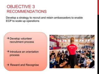 OBJECTIVE 3
RECOMMENDATIONS
Develop a strategy to recruit and retain ambassadors to enable
ECP to scale up operations

 Develop volunteer
recruitment process
 Introduce an orientation
process
 Reward and Recognise

 