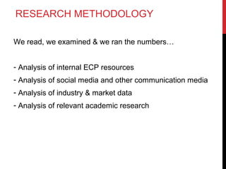 RESEARCH METHODOLOGY
We read, we examined & we ran the numbers…
- Analysis of internal ECP resources
- Analysis of social media and other communication media
- Analysis of industry & market data
- Analysis of relevant academic research

 