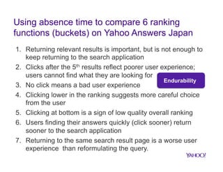 Using absence time to compare 6 ranking
functions (buckets) on Yahoo Answers Japan
1.  Returning relevant results is important, but is not enough to
keep returning to the search application
2.  Clicks after the 5th results reflect poorer user experience;
users cannot find what they are looking for
Endurability
3.  No click means a bad user experience
4.  Clicking lower in the ranking suggests more careful choice
from the user
5.  Clicking at bottom is a sign of low quality overall ranking
6.  Users finding their answers quickly (click sooner) return
sooner to the search application
7.  Returning to the same search result page is a worse user
experience than reformulating the query.

 