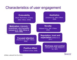 Characteristics of user engagement
Endurability

Aesthetics

(Read, MacFarlane, & Casey,

(Jacques et al, 1995; O’Brien,
2008)

2002; O’Brien, 2008)

Motivation, interests,
incentives, and benefits
(Jacques et al., 1995; O’Brien &
Toms, 2008)

Focused attention

(Webster & Ho, 1997; O’Brien,
2008)

Novelty
(Webster & Ho, 1997; O’Brien,
2008)

Reputation, trust and
expectation (Attfield et al,
2011)

Richness and control
Positive Affect
(O’Brien & Toms, 2008)
(O’Brien, Lalmas & Yom-Tov, 2013)

(Jacques et al, 1995; Webster &
Ho, 1997)

 