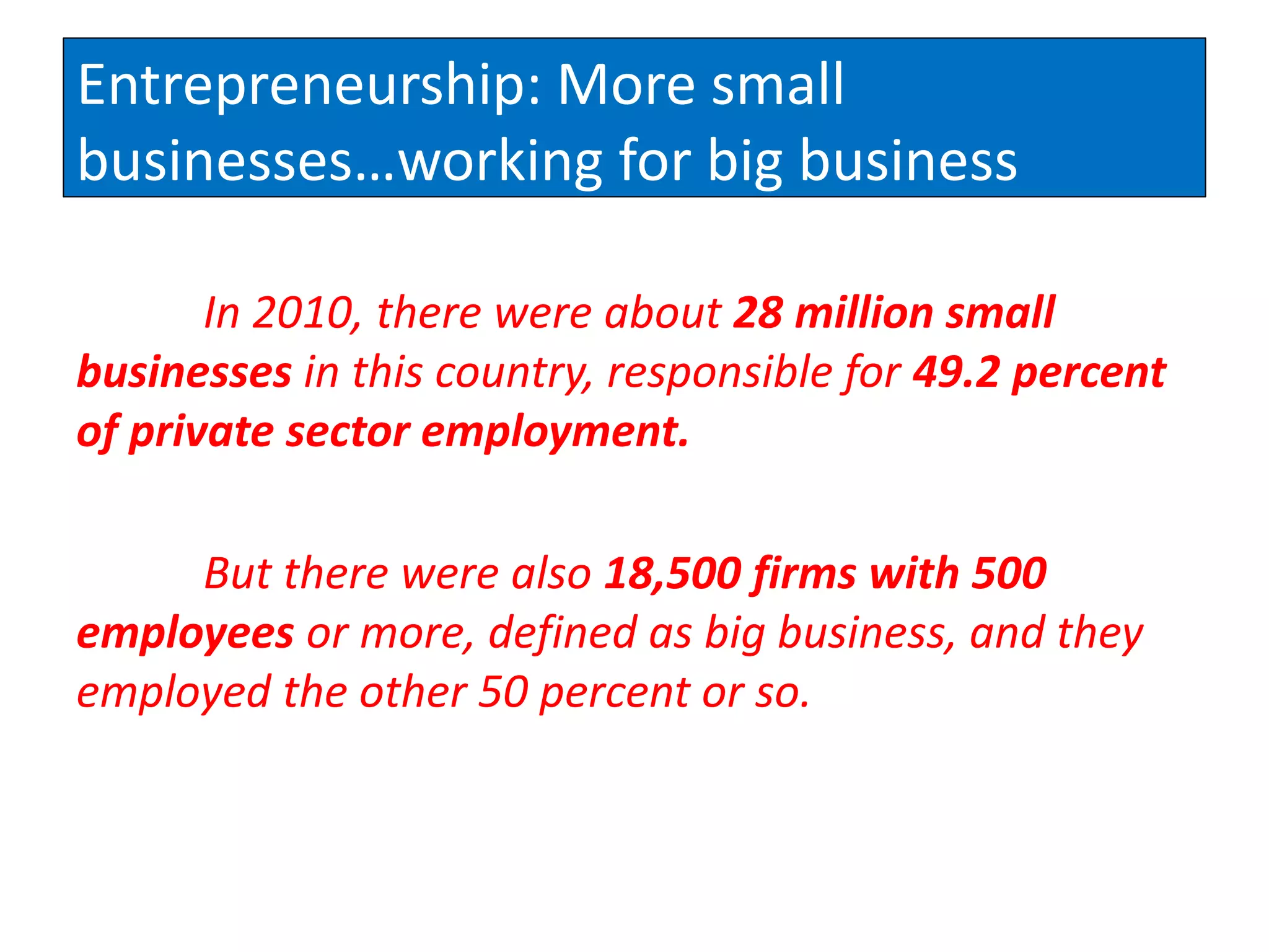 Entrepreneurship: More small
businesses…working for big business

       In 2010, there were about 28 million small
businesses in this country, responsible for 49.2 percent
of private sector employment.

     But there were also 18,500 firms with 500
employees or more, defined as big business, and they
employed the other 50 percent or so.
 