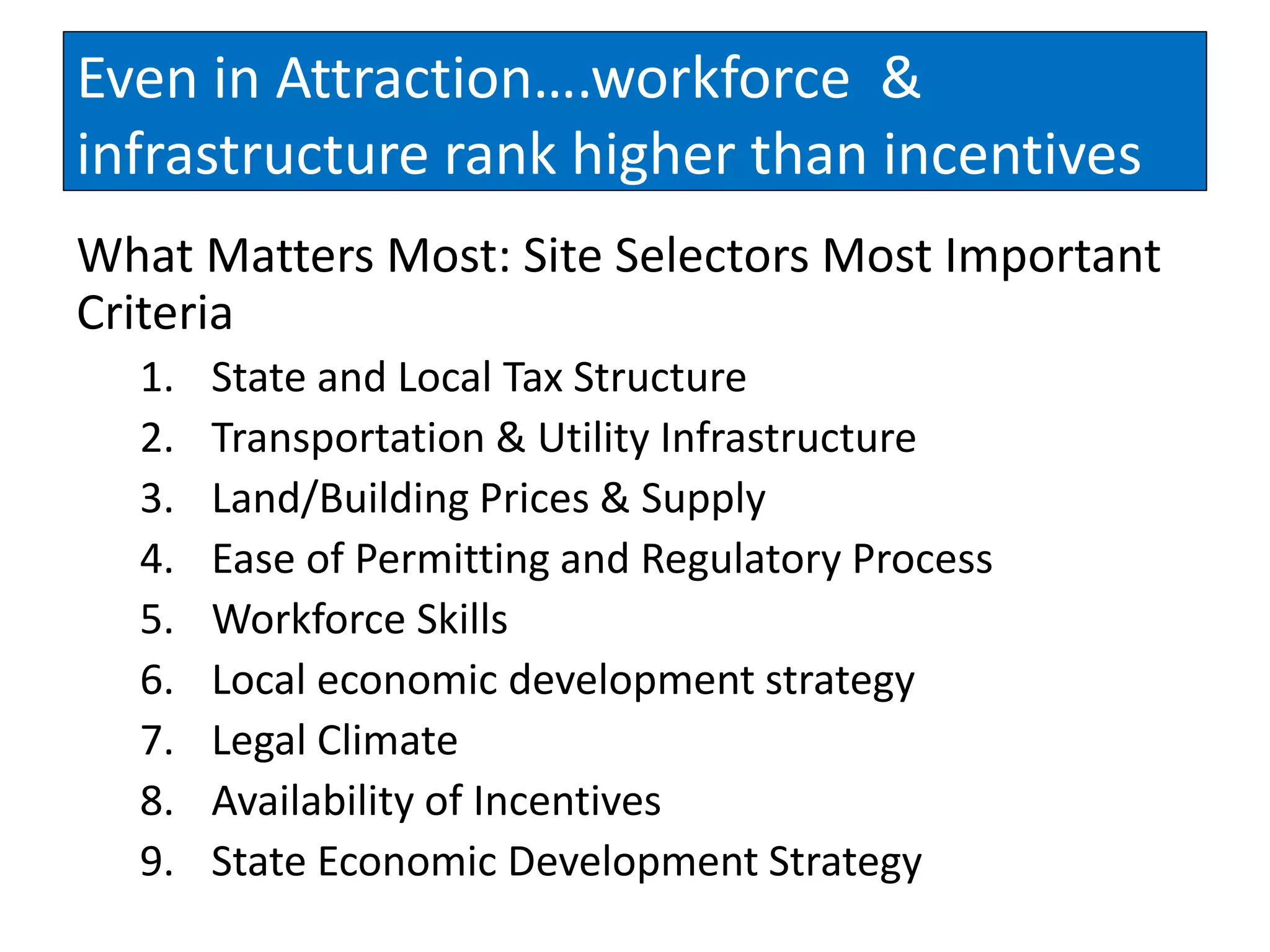 Even in Attraction….workforce &
         And the Data Shows….
infrastructure rank higher than incentives
What Matters Most: Site Selectors Most Important
Criteria
  1.   State and Local Tax Structure
  2.   Transportation & Utility Infrastructure
  3.   Land/Building Prices & Supply
  4.   Ease of Permitting and Regulatory Process
  5.   Workforce Skills
  6.   Local economic development strategy
  7.   Legal Climate
  8.   Availability of Incentives
  9.   State Economic Development Strategy
 