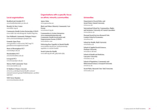 42 Engaging communities for health improvement A scoping study for the Health Foundation 43 
Bradford and Airedale PCT 
www.bradfordairedale-pct.nhs.uk 
Bromley by Bow Centre 
www.bbbc.org.uk 
Community Health Action Partnership (CHAP) 
www.chalk-ndc.info/doing/ndc-health/chap.htm 
East Midlands Community Dialogue Project 
www.communitydialogue.typepad.com 
Grimsby Open Door 
www.guardian.co.uk/society/2007/aug/15/ 
guardiansocietysupplement.health 
Heart of Birmingham PCT 
www.hobtpct.nhs.uk 
Herefordshire PCT 
www.herefordshire.nhs.uk 
Liverpool PCT 
www.liverpoolpct.nhs.uk 
Murray Hall Community Trust 
www.murrayhall.co.uk 
St Matthew’s Project, Leicester 
www2.le.ac.uk/departments/health-sciences/ 
extranet/research-groups/Nuffield/project_profiles/ 
eqh.html 
NHS Tower Hamlets 
www.towerhamlets.nhs.uk 
Apnee Sehat 
www.apneesehat.net 
Black and Ethnic Minority Community Care 
Forum 
www.bemccf.org.uk 
Communities in Action Enterprises 
www.communitiesinaction.org 
Community Health Involvement and 
Empowerment Forum (CHIEF) 
www.chiefcic.com 
Delivering Race Equality in Mental Health 
www.nmhdu.org.uk/our-work/promoting-equalities- 
in-mental-health/ 
Social Action for Health 
www.safh.org.uk/safh_php/index.php 
Department of Social Policy and 
Social Work, Oxford University 
www.ox.ac.uk 
International School for Communities, Rights 
and Inclusion, University of Central Lancashire 
www.uclan.ac.uk 
Personal Social Services Research Unit, 
London School of Economics 
www.lse.ac.uk 
School for Health, Bath University 
www.bath.ac.uk 
School of Applied Social Sciences, 
Durham University 
www.dur.ac.uk/sass/ 
School of Health and Medicine, 
Lancaster University 
www.lancs.ac.uk 
School of Population, Community and 
Behavioural Sciences, Liverpool University 
www.liv.ac.uk 
Social Policy Research Unit, York University 
www.york.ac.uk 
Local organisations 
Organisations with a specific focus 
on ethnic minority communities Universities 
 