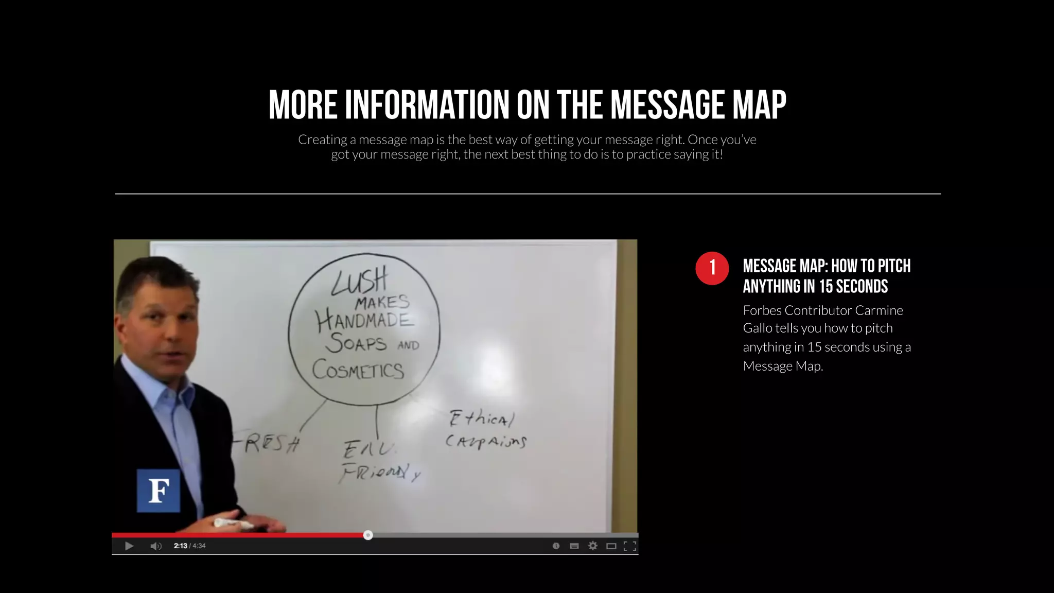 More information on the message map 
Creating a message map is the best way of getting your message right. Once you’ve 
got your message right, the next best thing to do is to practice saying it! 
Message Map: How To Pitch 
Anything In 15 Seconds 
Forbes Contributor Carmine 
Gallo tells you how to pitch 
anything in 15 seconds using a 
Message Map. 
1 
 